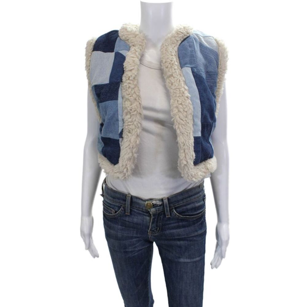 Sea Women Denim Blue Geometric V-Neck Sleeveless Vest Fall Size 2XS - Picture 1 of 5